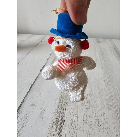 Antique vintage Frosty snowman ornament flocked blue top hat Xmas tree glitter f - Picture 1 of 10